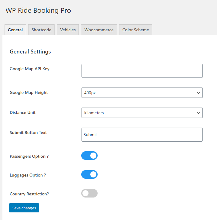 General Settings of Taxi Booking Plugin