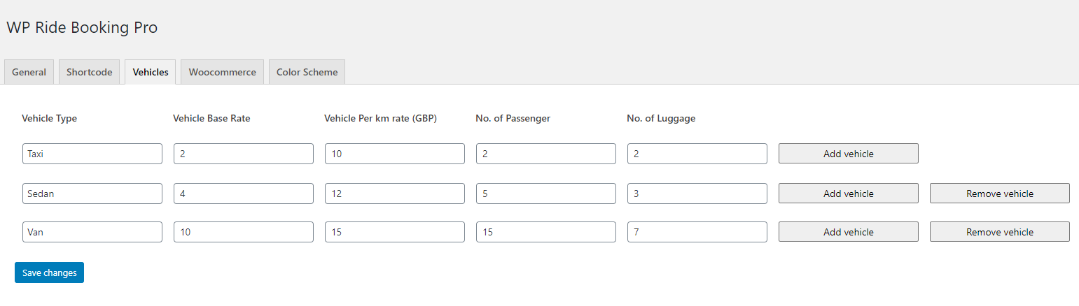 Vehicle Type Settings for Taxi Booking Plugin